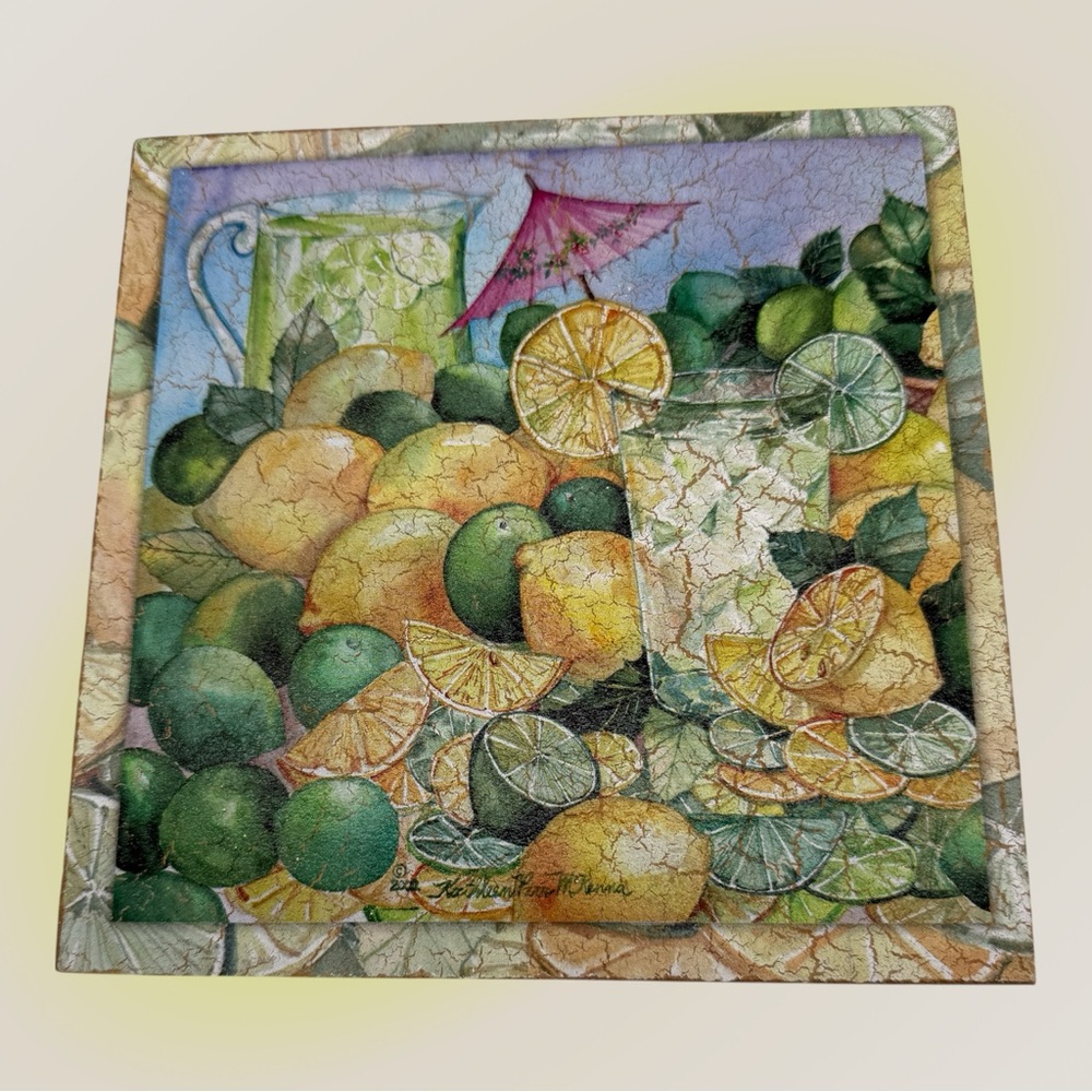 Vintage Citrus Still Life Art Panel - Lemons & Limes - Signed